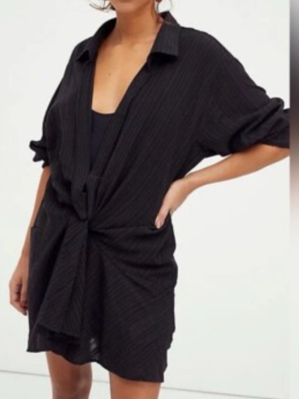 Free People Tara Twist Mini Shirt Dress Black Pinstripe XS